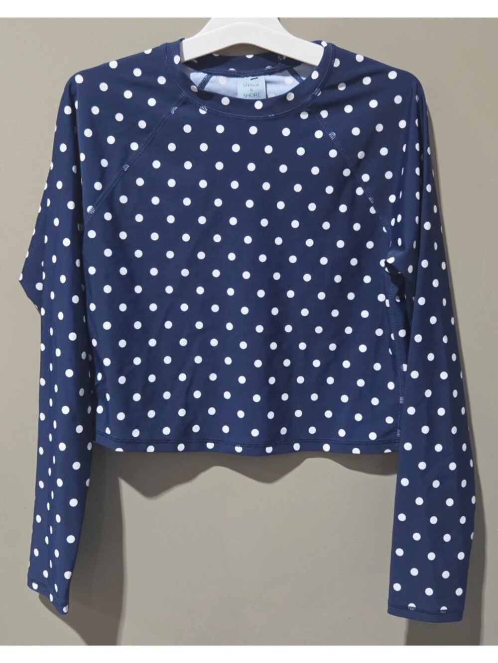 Shade & Shore Navy Blue & White Polka Dots LS Crop Swim Rash Guard -- Small 4/6